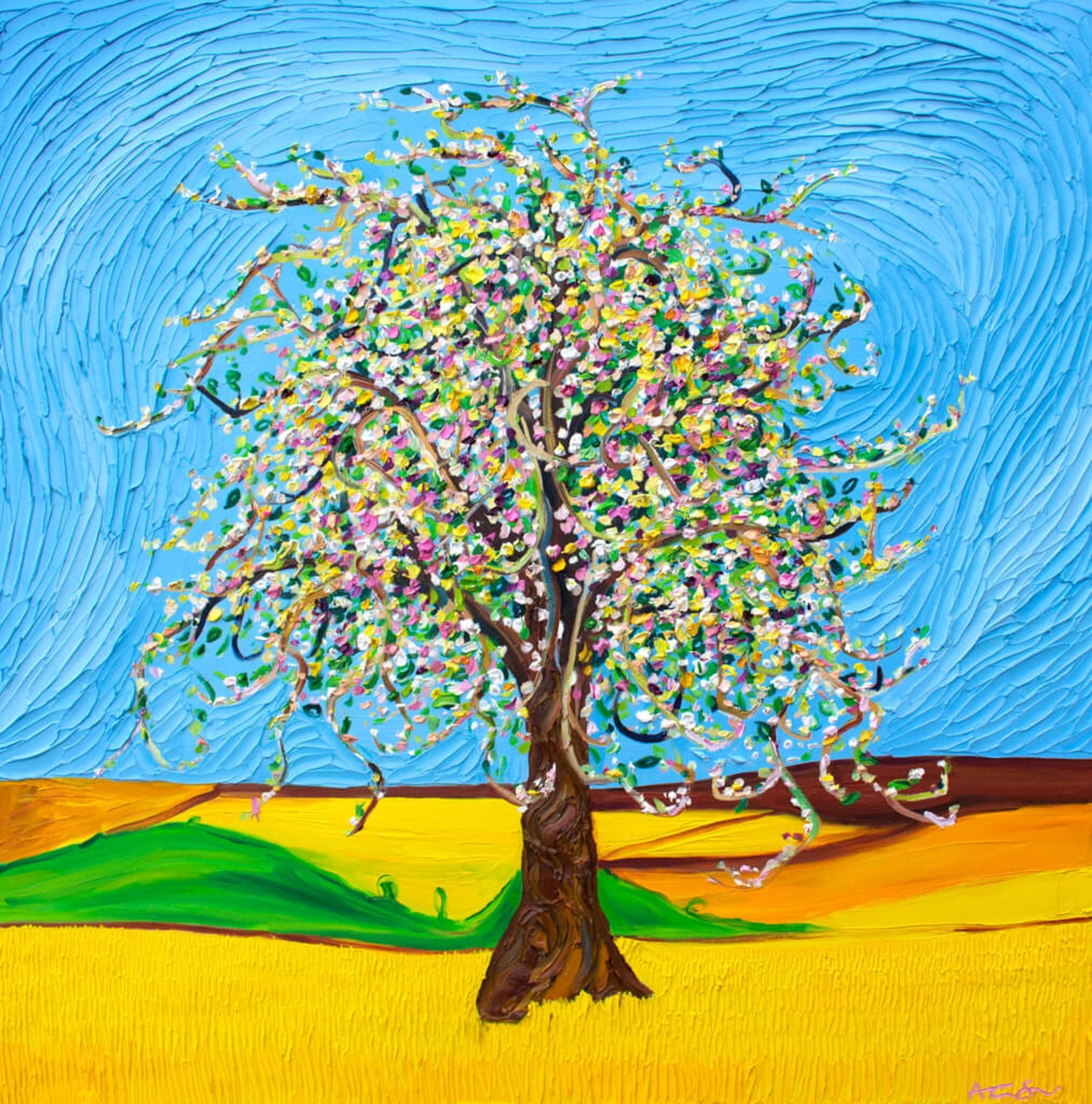 Apple Blossom in Corn Fields Original Tree Art Oil Painting Commission