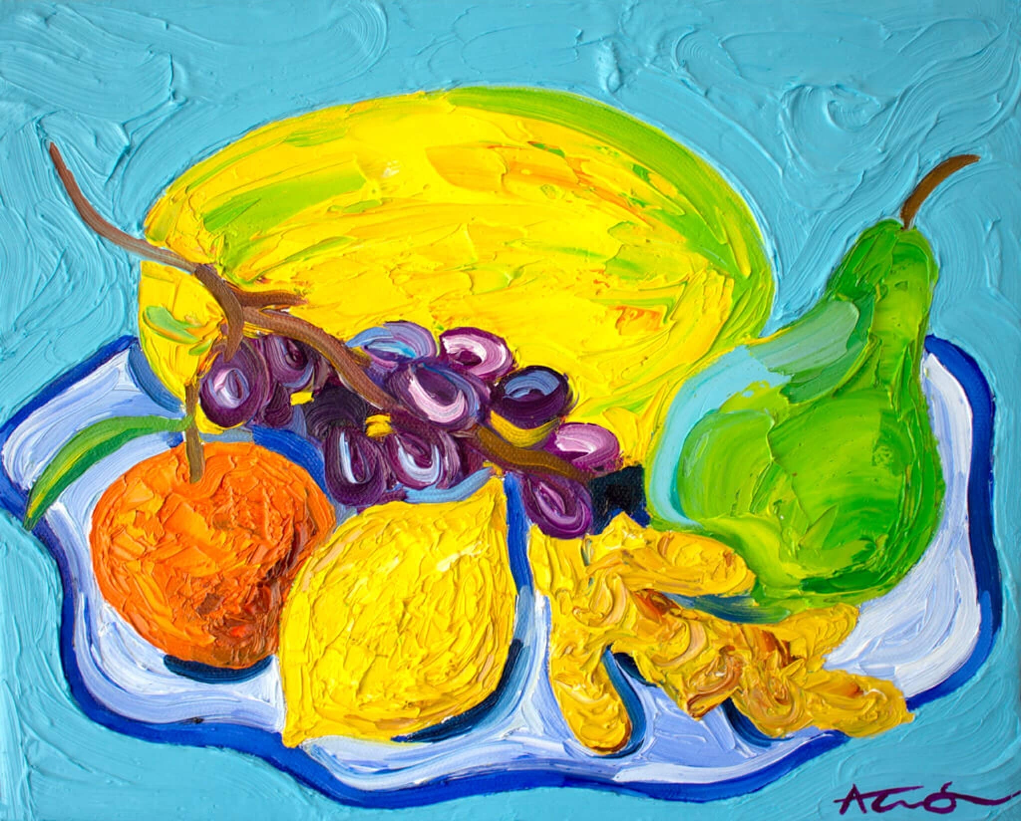 Fruit Bowl with Melon Grapes Lemon original oil painting