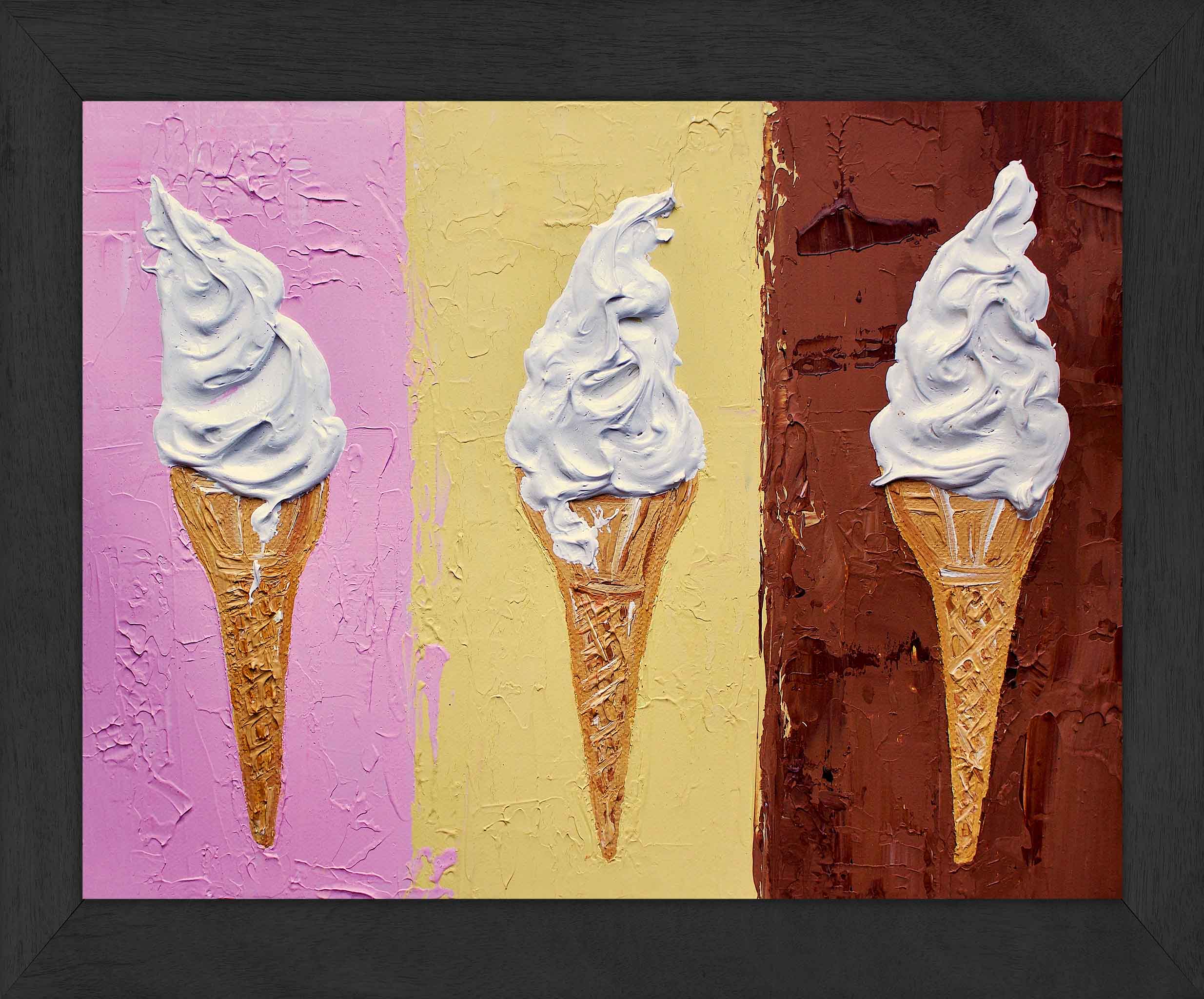 Three ice cream cones with white sundaes on a textured pink, yellow, and brown background.