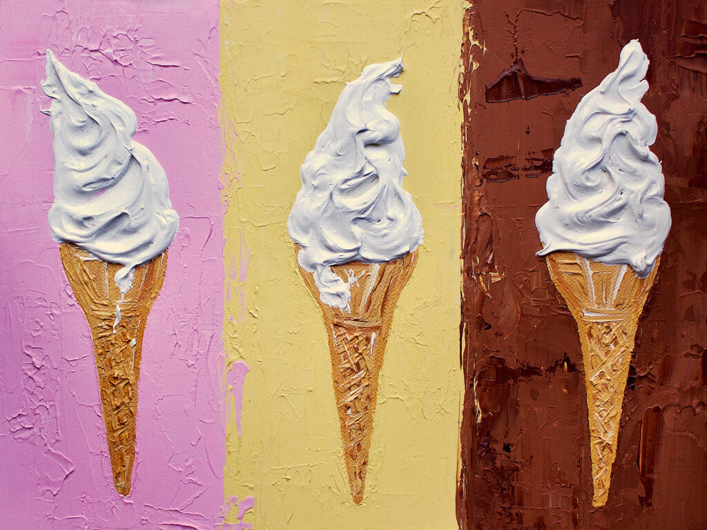 Three ice cream cones with white swirls on a textured pink, yellow, and brown background.