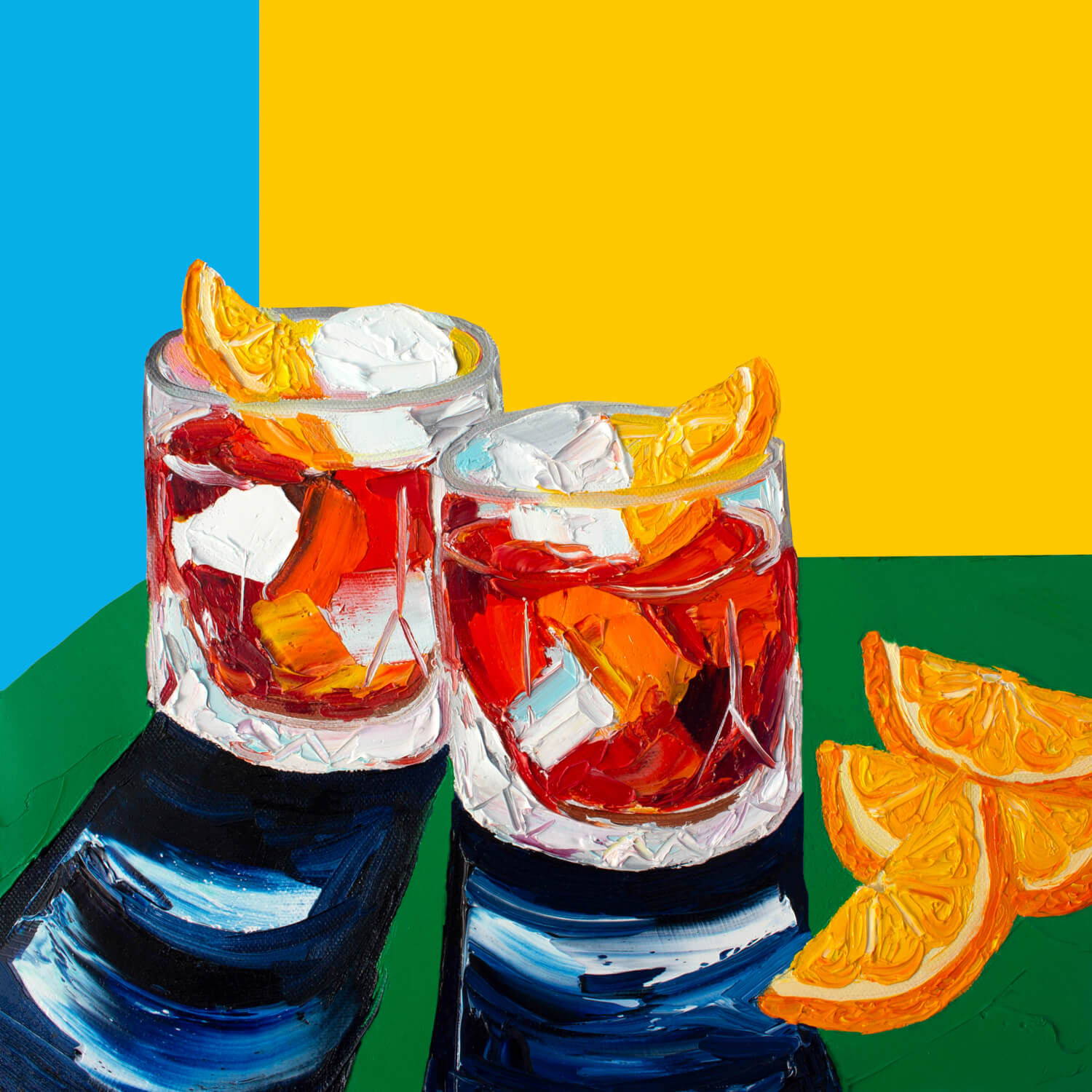 Negronis on Blue, Yellow and Green Art Print