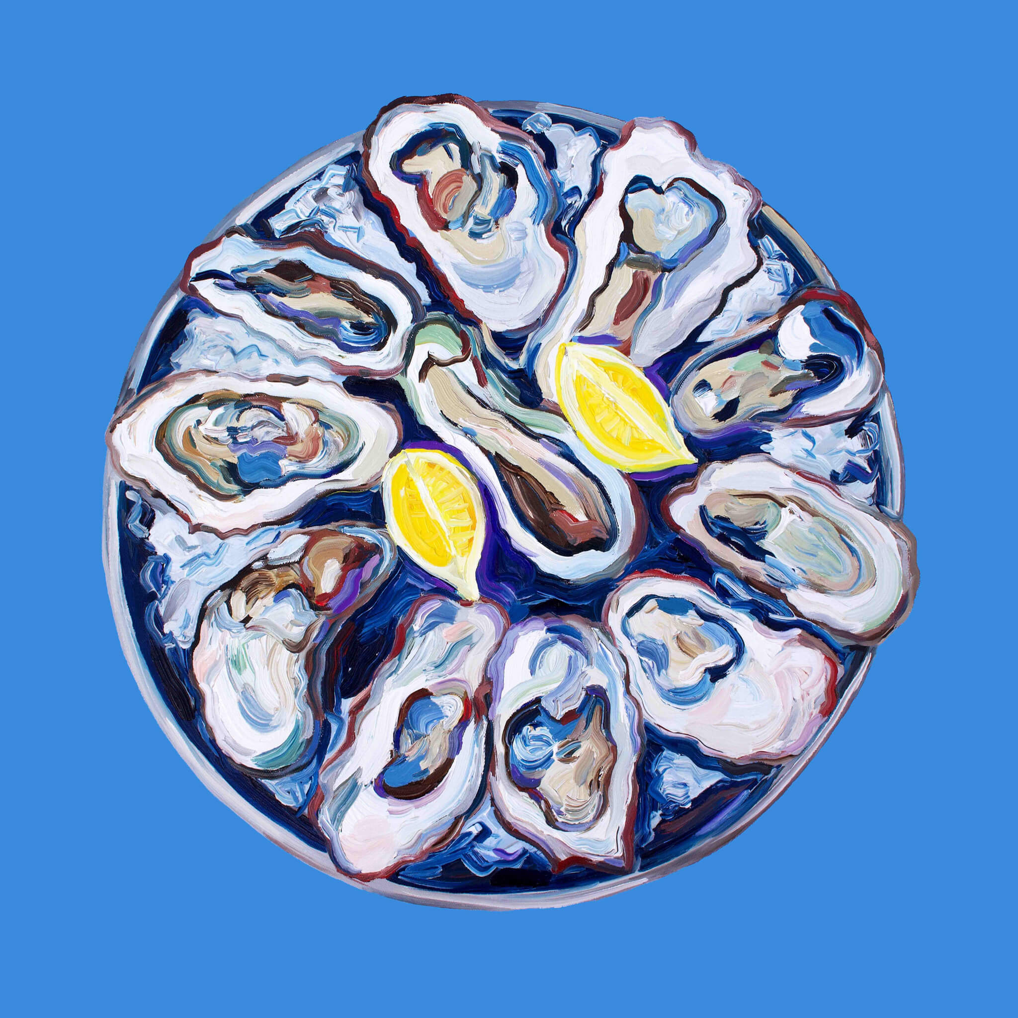 Oysters on a Plate Blue Art Print