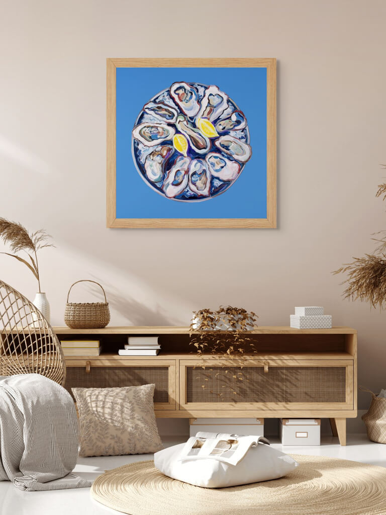 Oysters on a Plate Blue Art Print